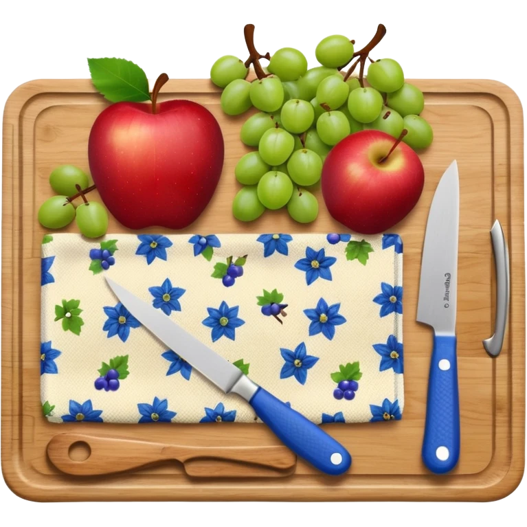 Blue floral kitchen towel with cutting board and knife and fruit   emoji