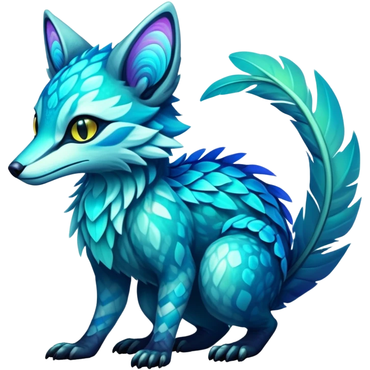 Exotic futuristic bioluminescent translucent transparent lush warm-colored neon-glowing iridescent Fakémon-Fionbri-Vernid-Sergal-Genet-creature emoji