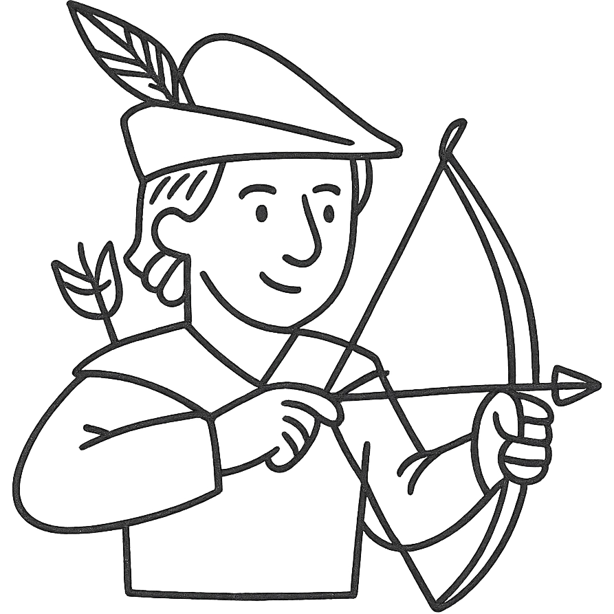 Robin Hood, classic English folk hero, with a bow and feathered cap, hand-drawn black outline style emoji