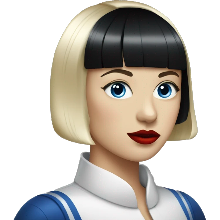 And adult white woman with blue eyes, a black bowl cut haircut, and red lips emoji