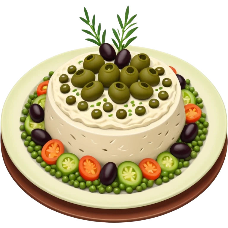 Salată de boeuf: a Romanian festive salad made with finely chopped boiled vegetables, pickles, peas, and beef or chicken, all mixed with mayonnaise and decorated with olives and pickles. emoji