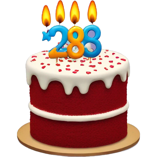 red velvet birthday cake with candles that say 28 emoji