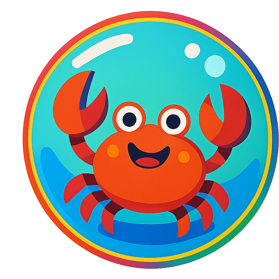 cheerful cartoon crab inside a shiny bubble, vibrant colors, whimsical style emoji