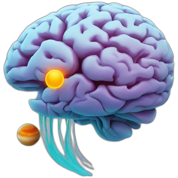 Brain seen from the side surrounded by saturn emoji