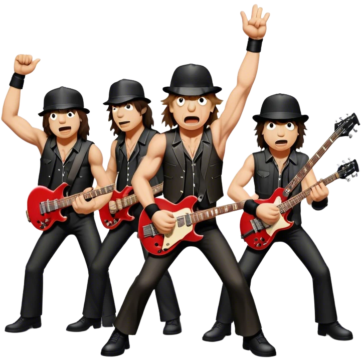 Cinematic Realistic AC/DC Band Emoji, depicted as a high-energy rock ensemble with electrifying stage presence and gritty textures, rendered with bold vibrant lighting that captures the raw power and rebellious spirit of their music. emoji