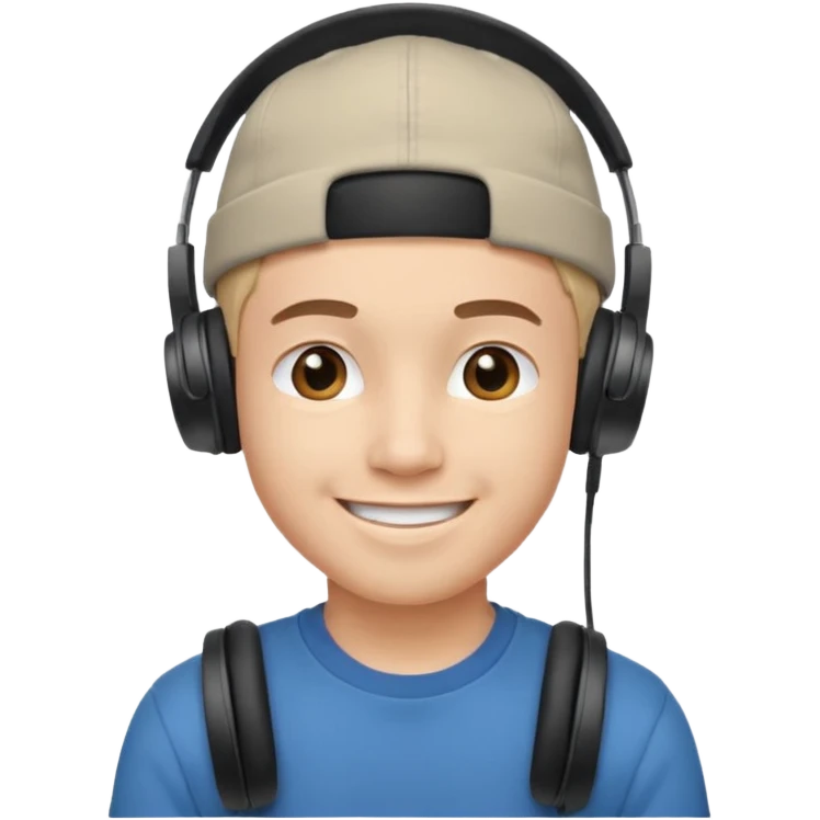 Only the head of a young guy smiling with headphones in his ears and a cap on his head turned back. emoji