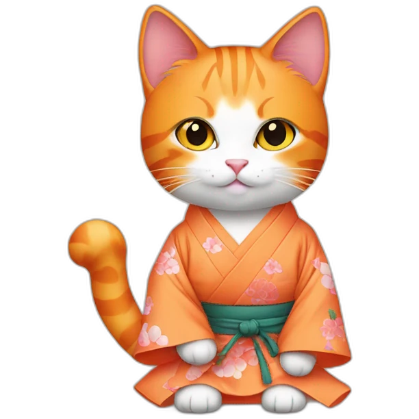 Beautiful orange cat wearing kimono holding peach emoji