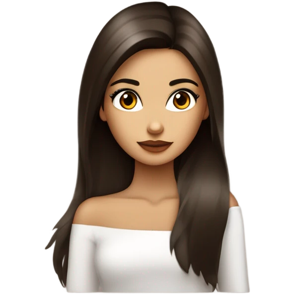 Chica morena de piel con pelo castaño oscuro listo y largo. Cara delgada, ojos rasgados y marrones oscuros y labios carnosos. Maquillada. Delgada . Top blanco.  emoji