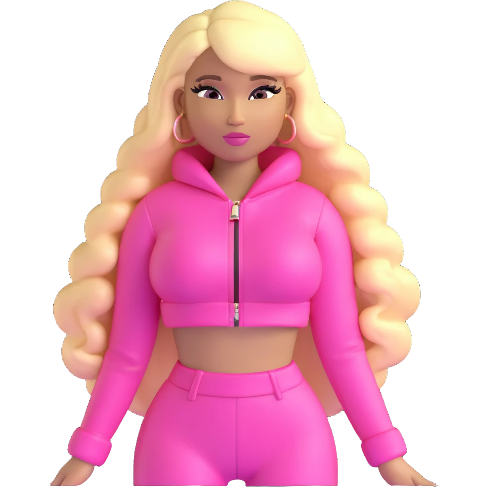 Nicki Minaj wearing a pink outfit with hair that is half blonde and half pink emoji