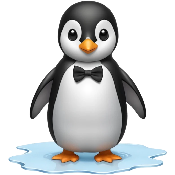 penguin, black bow tie, standing on small ice melting emoji
