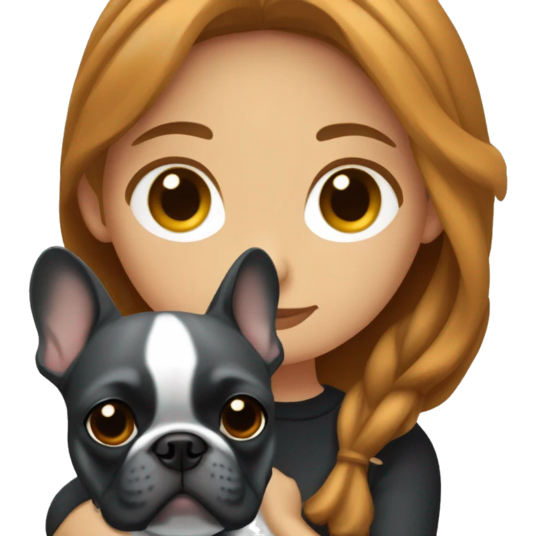 caramel hair woman with dark eyes hugging dark gray french bulldog emoji
