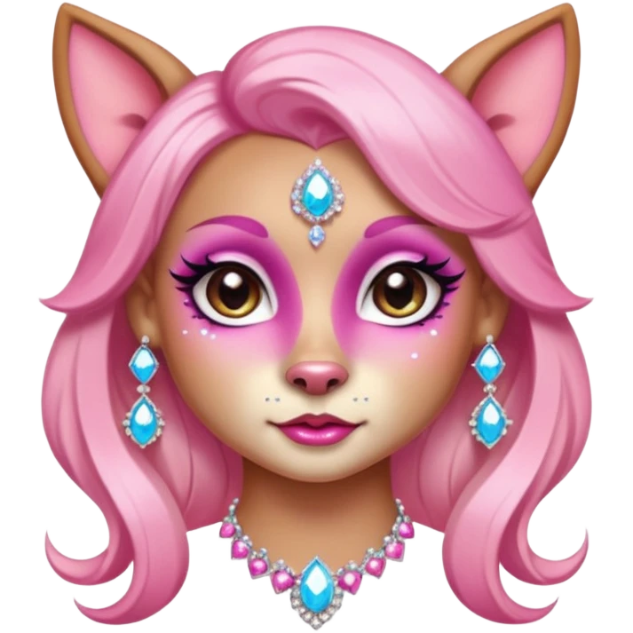 glamorous dog portrait, head and shoulders only, exaggerated pink makeup, bright eyeshadow, long eyelashes, shiny blush cheeks, sparkling face gems, glitter accents, elegant earrings, fantasy beauty style, cute 3D cartoon, mobile game icon style, clean background, no text, no watermark
 emoji