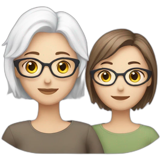 A lesbian Couple of two caucasian girls one with white hair and other with short brown hair and glasses emoji
