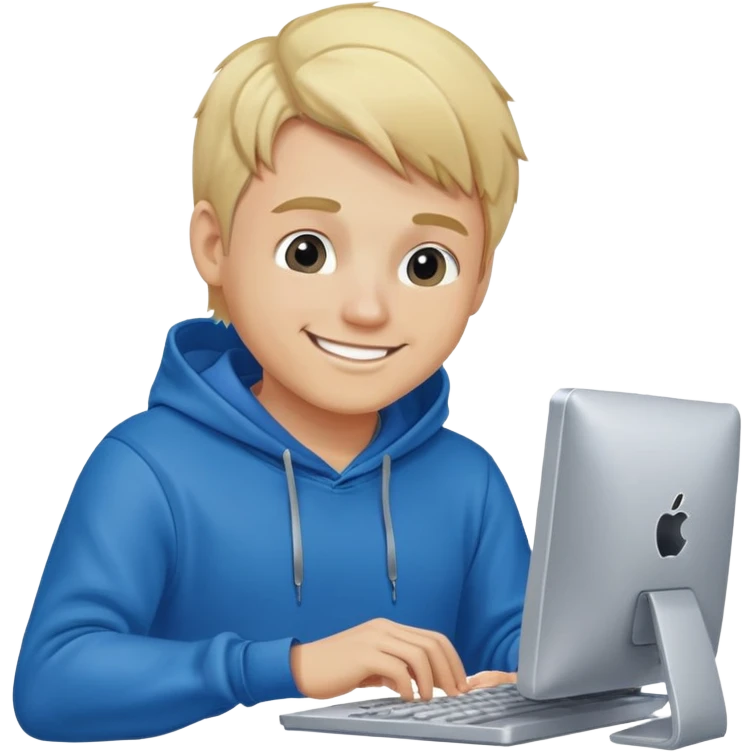 Man blonde with blue hoodie happy working in computer  emoji
