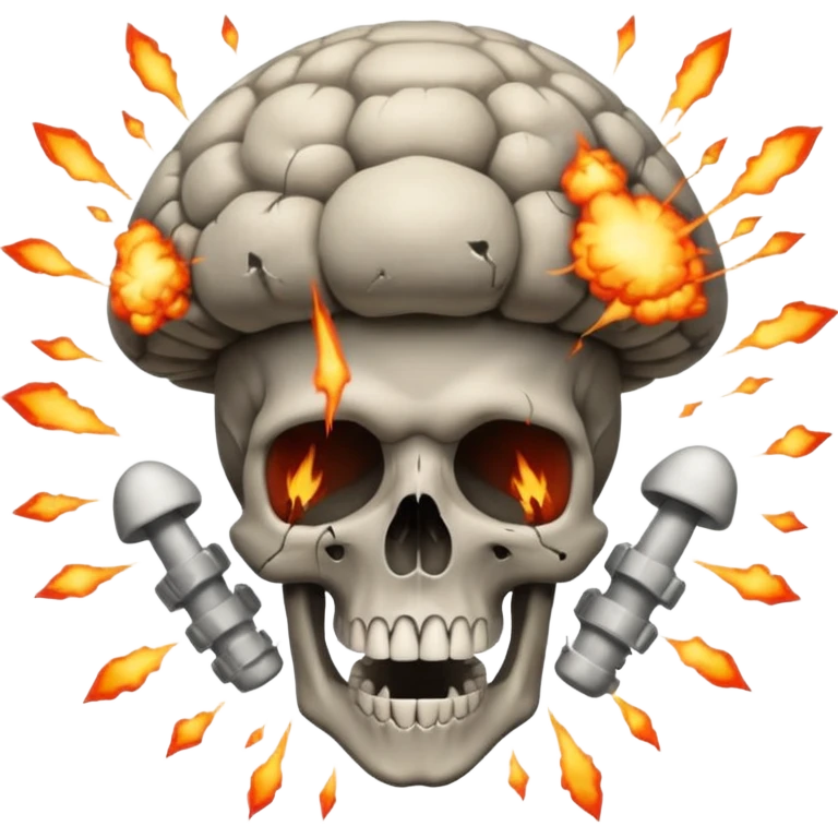 

Skull exploding into a mushroom cloud; cracks/fractures surround the blast. Detached lower jaw hangs loose with visible teeth. emoji