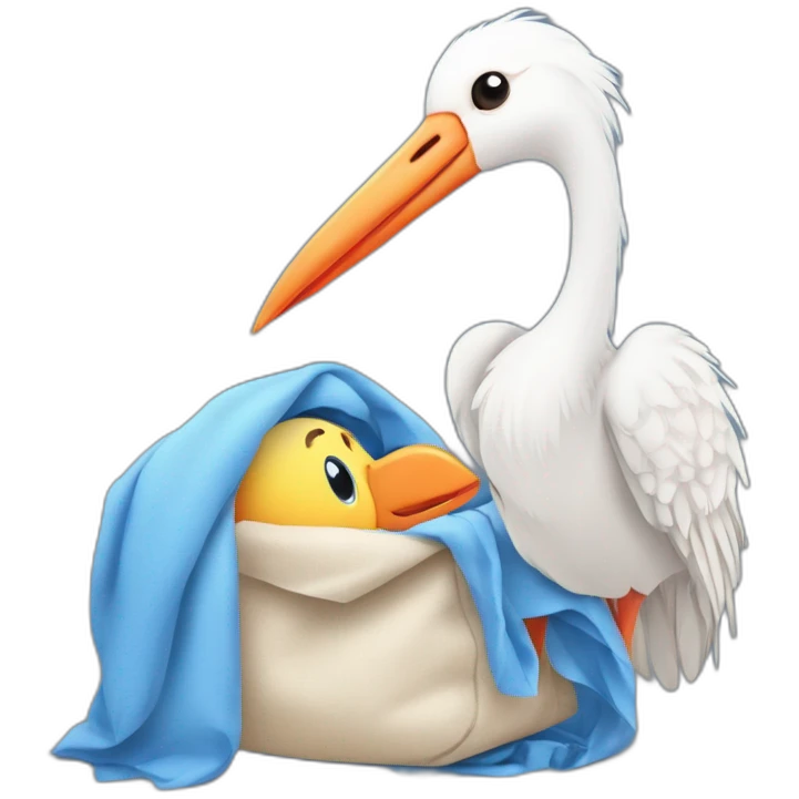 White stork carrying a blue bundle of cloth in its big beak that has a human person cute baby human inside and the human baby head is peeking from the fabric the strok is carrying in its beak emoji