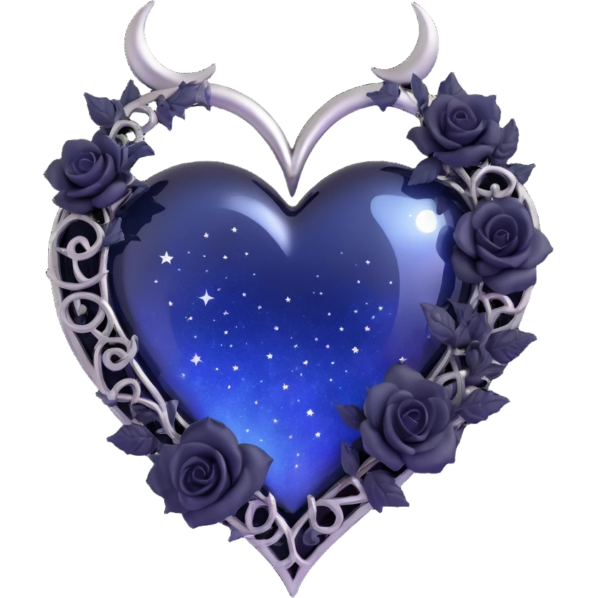 gothic heart made of midnight blue glass with a silver crescent moon, tiny black roses, shimmering stardust, misty night sky background emoji