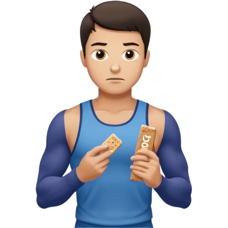 A male athlete holding a protein bar and frowning emoji