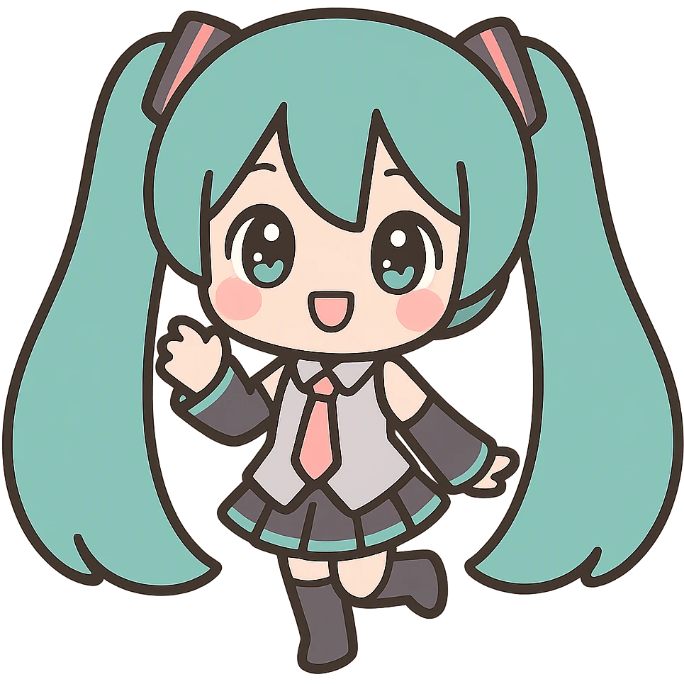 Hatsune Miku, chibi style, big eyes, teal hair, cute pose emoji