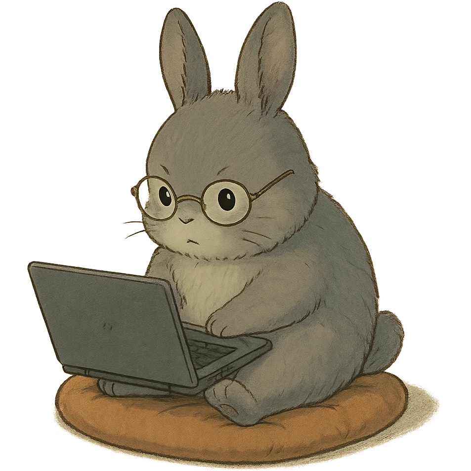full-body round-faced gray bunny wearing glasses, sitting on a small cushion, working on a laptop with focused eyes, soft studio Ghibli vibe emoji