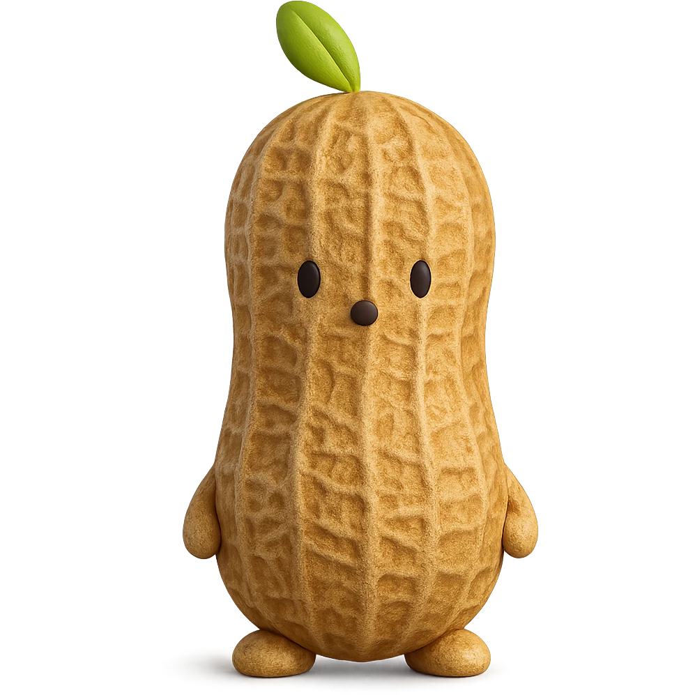 Add a realistic peanut shell texture to the 3D peanut character, keep it cute and with no facial expression, maintain transparent background. The style is 3D emoji style with a realistic peanut shell texture, cute and expressionless. emoji