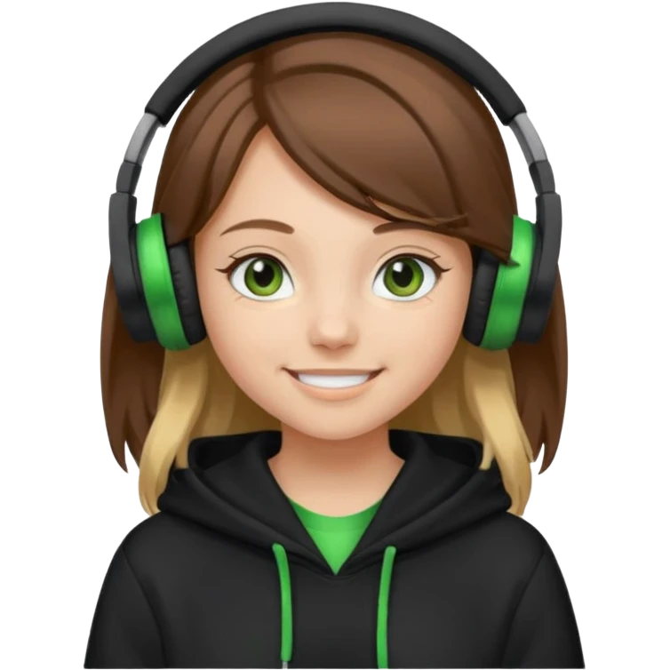 a girl with brown hair blonde ends green and wearing black headphones baggy hoddie she is happy  emoji