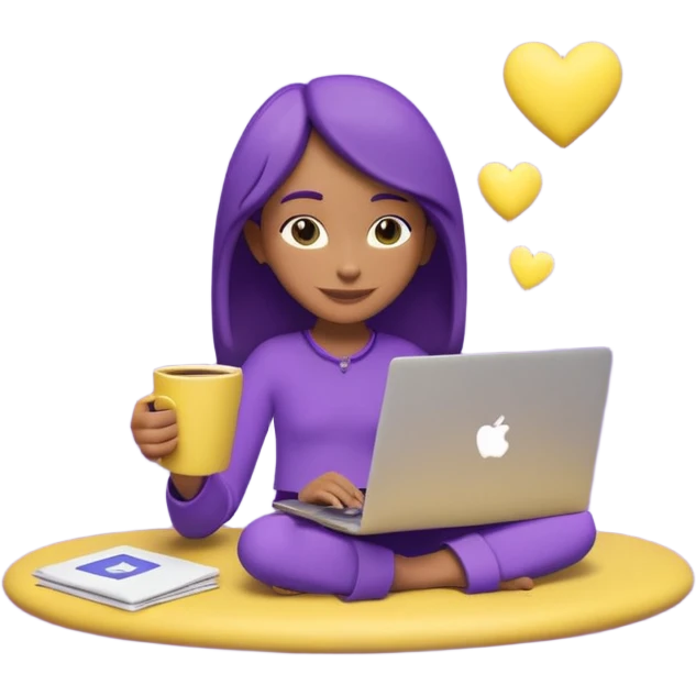 3D clay character relaxed with laptop and coffee, floating icons (envelope, heart, dollar), purple (#8B5CF6) outfit, bright yellow (#FBBF24) icons, white laptop, Pixar style, transparent background emoji