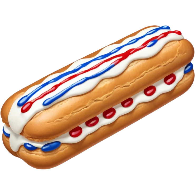 Eclair with white icing and red white & blue drizzle across with red & white sprinkles at one end emoji