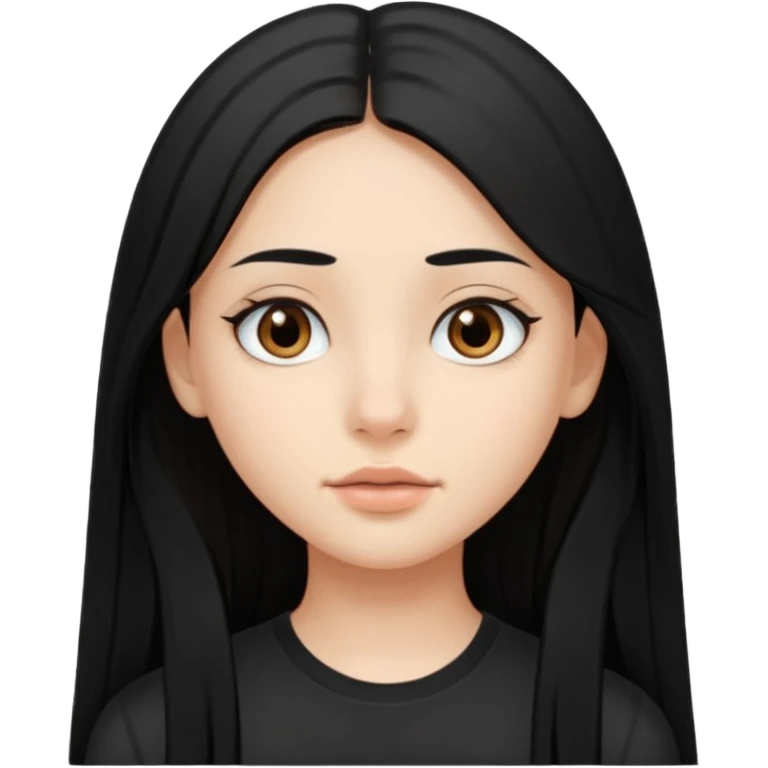 Cabelos pretos longos lisos ,olhos castanhos puxadinho para cima. Pele clara ,nariz pequeno ,lábios carnudos ,adolescente emoji
