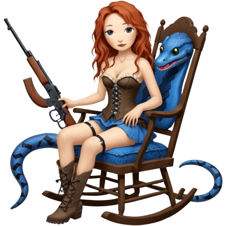 realistic cinematic Tori Amos sits on a rocking chair in a torn corset, holding an antique rifle and her bare feet are muddy. A blue snake is wrapped around the chair. emoji