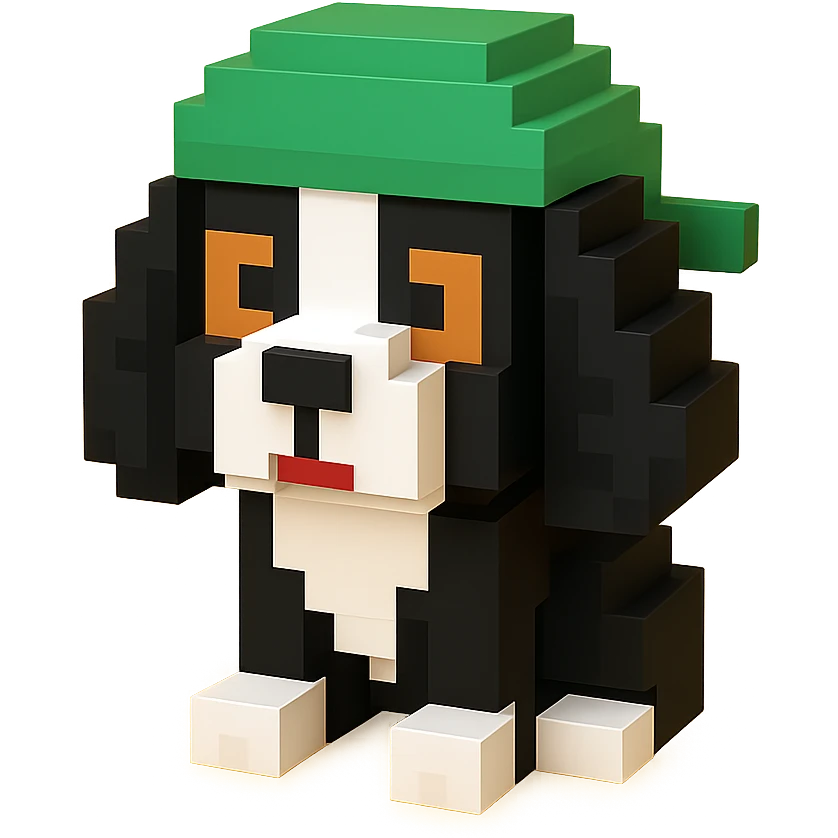 A black and white Russian Cocker Spaniel puppy wearing a green durag, voxel style, standing emoji