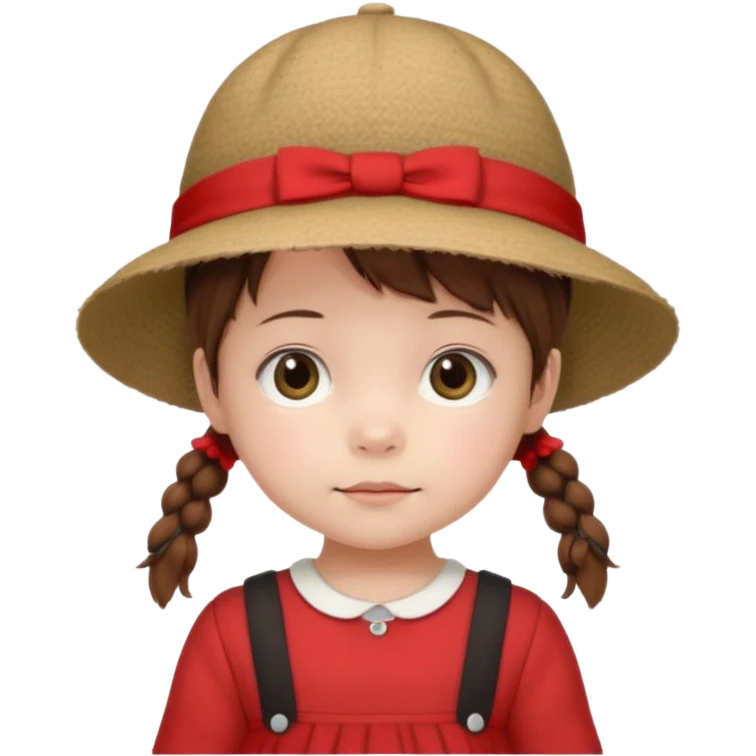 baby girl with brown hair and pigtails with a hat and red dress like My Neighbor Totoro movie emoji
