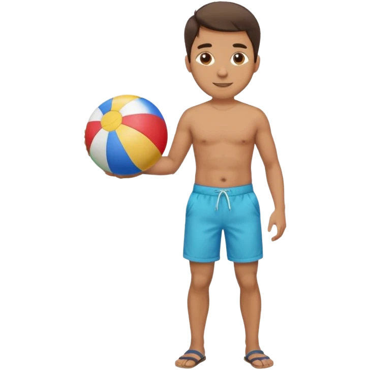 A man in Bermuda shorts as a full-body swimsuit and a beach ball emoji