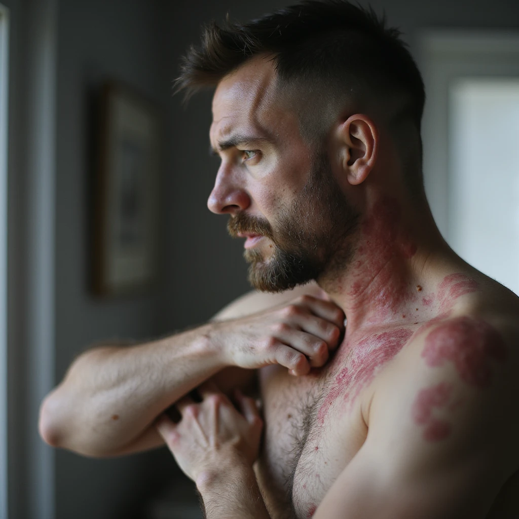 realistic man with rash on neck and arm, looking at affected areas with concern, soft lighting, home or clinical background, medical realism, dermatology focus, 4K emoji