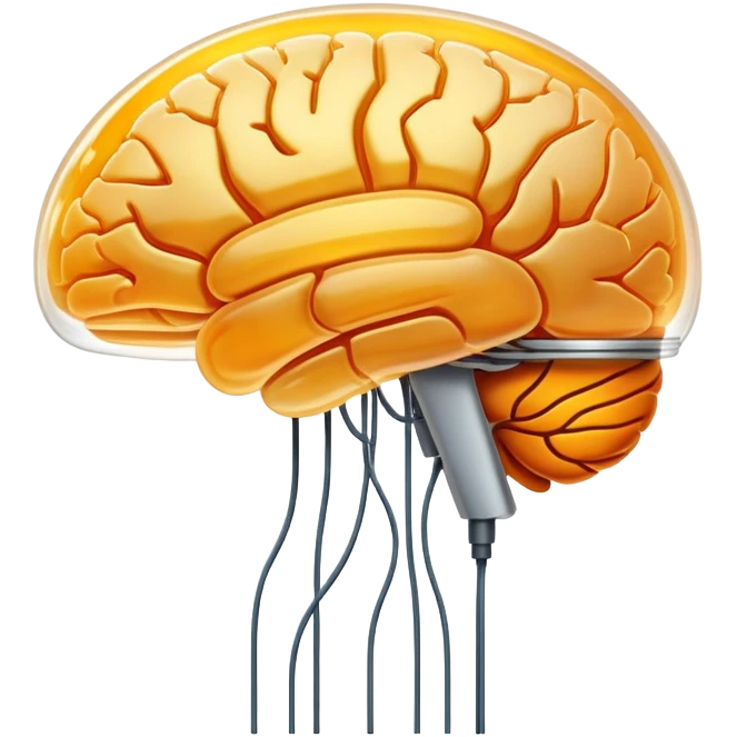 An amber translucent capsule floating in front of an ethereal brain. Thin electric filaments connect from the capsule to the brain synapses like bridges of light. emoji