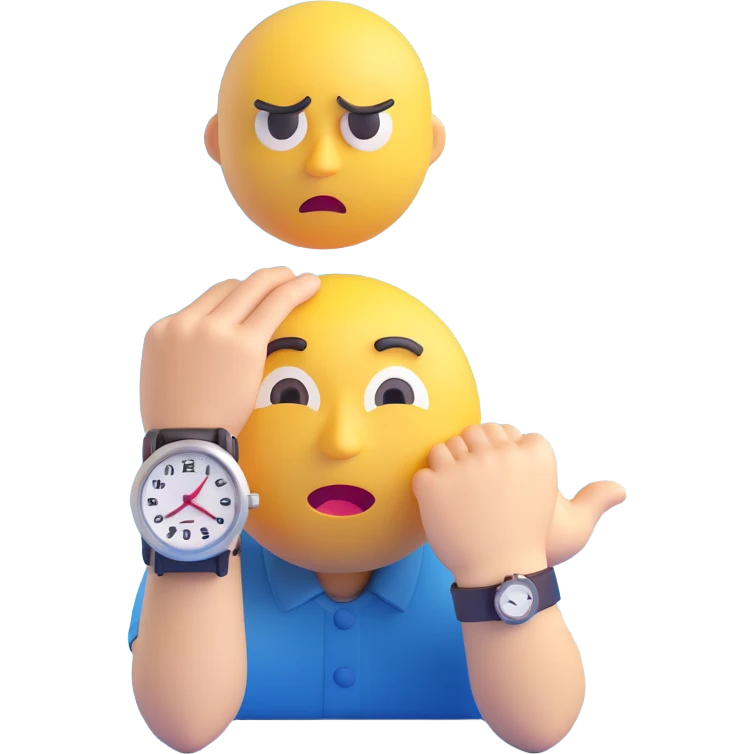 A yellow emoji face with a worried expression, looking at a wristwatch with raised eyebrows, showing urgency and stress emoji