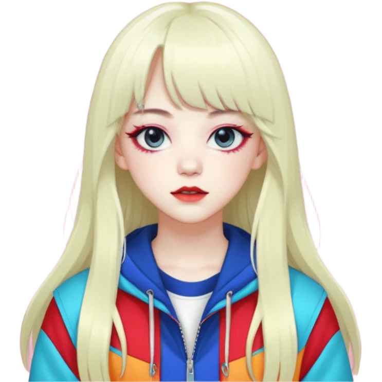  portrait-of-a-devil-k-pop-idol,-wearing-a-stylish-streetwear-outfit-with-layered-colorful-clothing,-long-hair-with-bangs,-makeup,- emoji