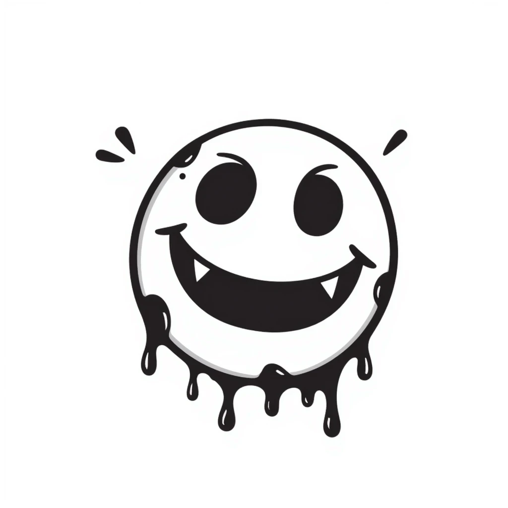 Hand-drawn creepy smiley face with blood splatter and menacing smile emoji