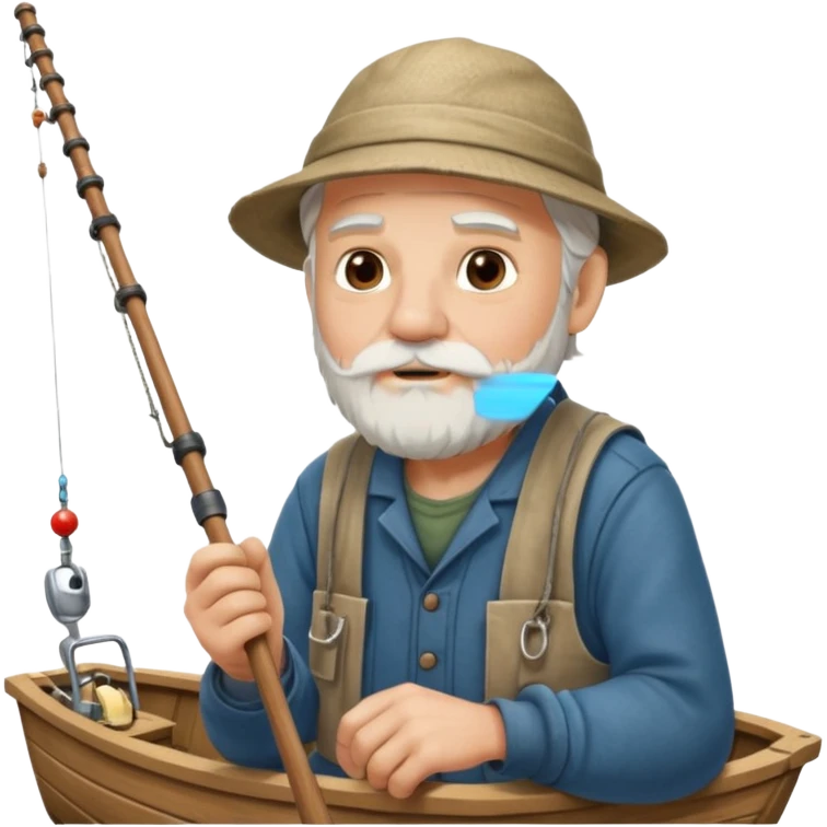 an old white haired, bearded man in fisherman attire, sat in a big boat on a calm sea, holding one fishing rod in one hand, with the end of the fishing line touching the water emoji