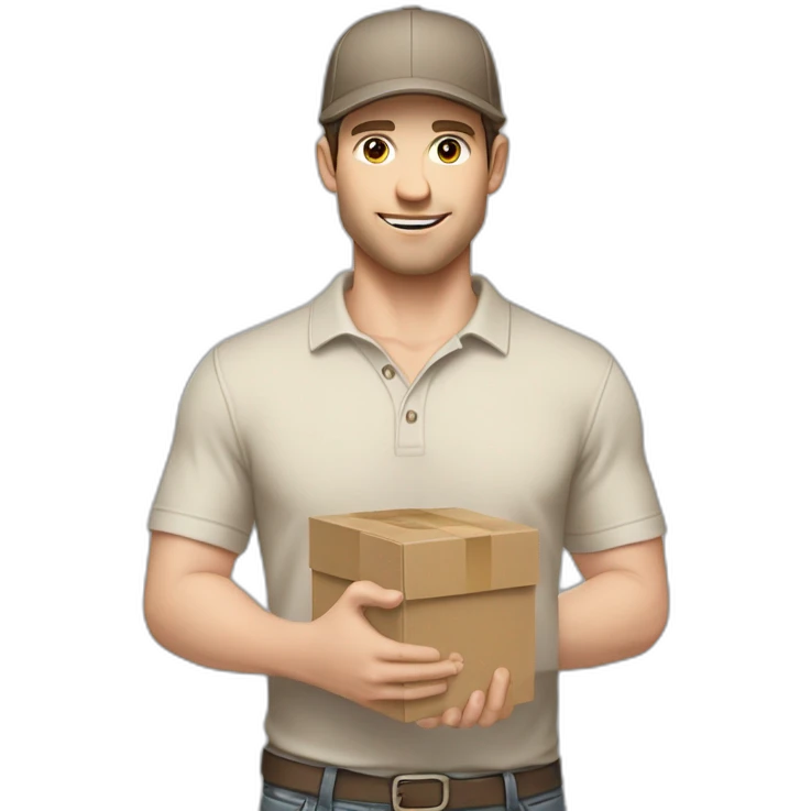 Pale skinned fit Man with dark brown hair in a beige cap, gray jeans, brown polo and white T-shirt keeping a pasted with tape white box into his hands emoji