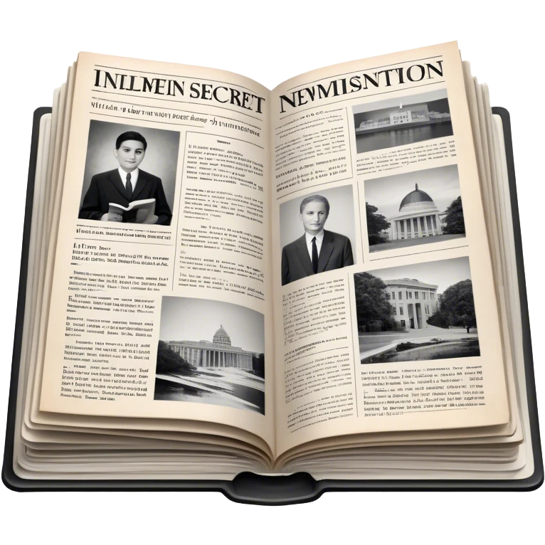 Icon for Non-Fiction & Narrative Reading: an open book with black-and-white photos on the pages, surrounded by a pile of newspaper clippings, and an open folder with top-secret documents. The icon should reflect the blend of real stories and facts in non-fiction literature. Transparent background. emoji