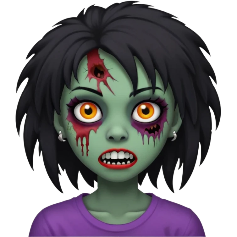 girl, zombie, black coily hair, medium long, emo, shaggy, dark, spooky, piercing on eyebrow, colourful teeth, creepy blank expression emoji