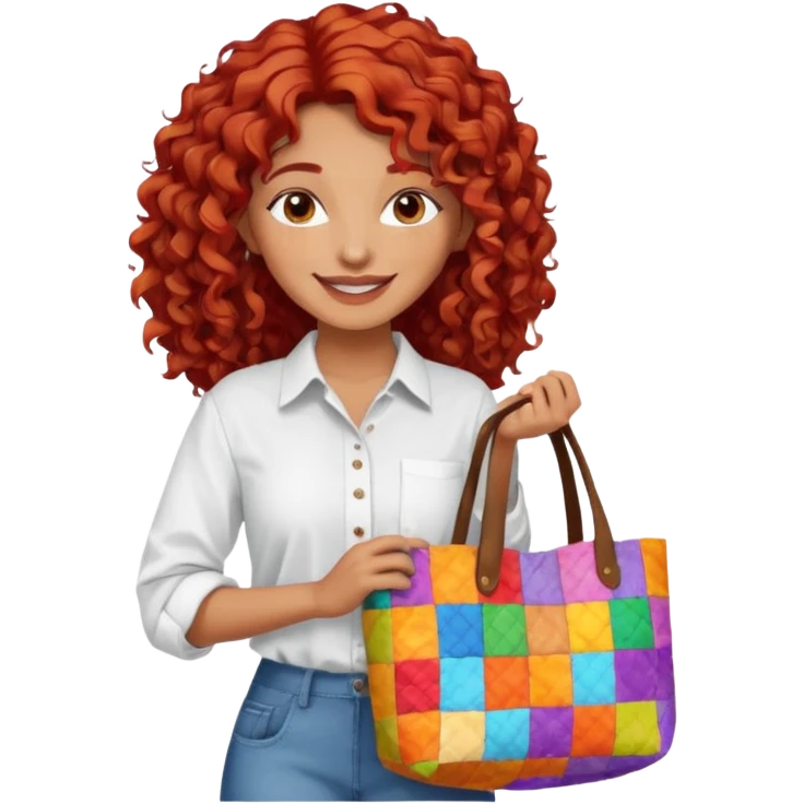 a pretty tan indian bratz girl with curly red hair, wearing an oversized patchwork white shirt, carrying a tote bag emoji