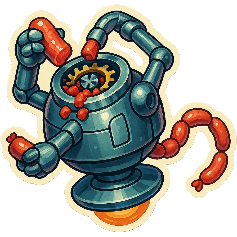 hovering robot. stuffs material into large hole on its top with 2 arms. no neck or head. large hole is where neck and head would be. spinning gears and blades in hole grind red chunks. sausage links come our of hole on backside.  3/4 view. between realism and cartoon. well lit. no dramatic lighting. metallic shiny robot. works diligently. dark humor emoji
