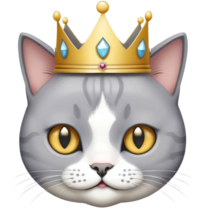 a British-short-hair cat (grey and white) is wearing a little crown emoji
