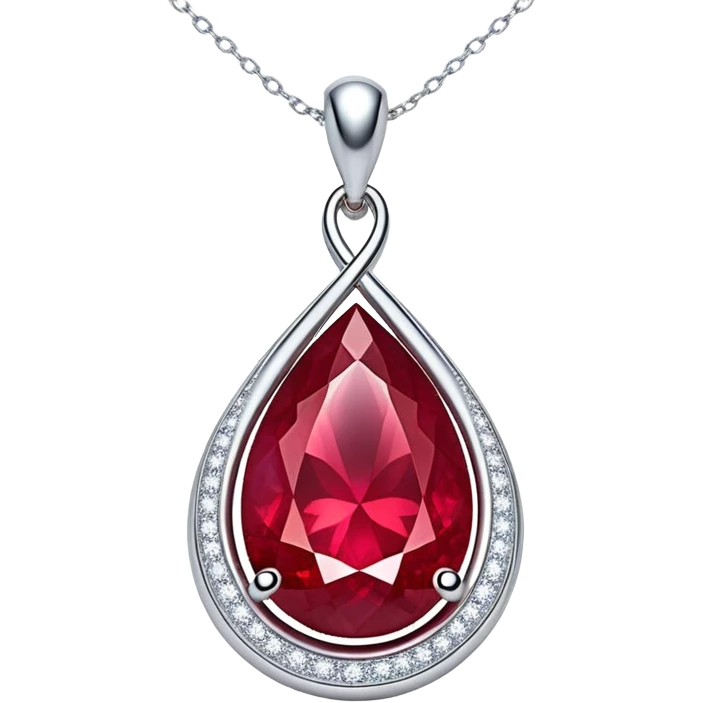 teardrop ruby pendant with silver chain, glowing cosmic embryo inside, swirling stardust and fiery trails, radiating ethereal magic emoji