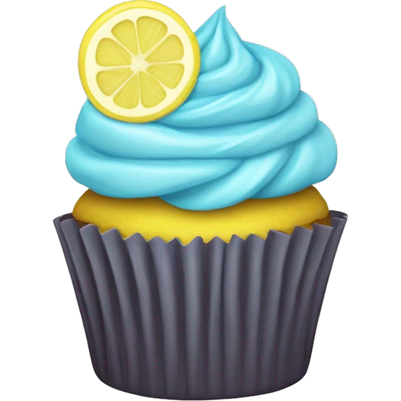 Small cupcake with light blue wrapper and topped with light yellow frosting and a slice of lemon  emoji