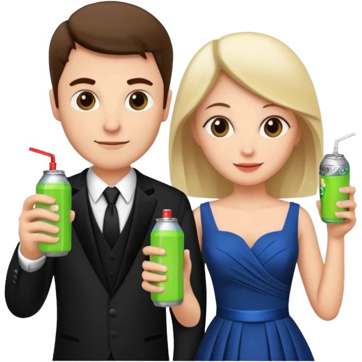 husband and wife at wedding holding energy drinks emoji