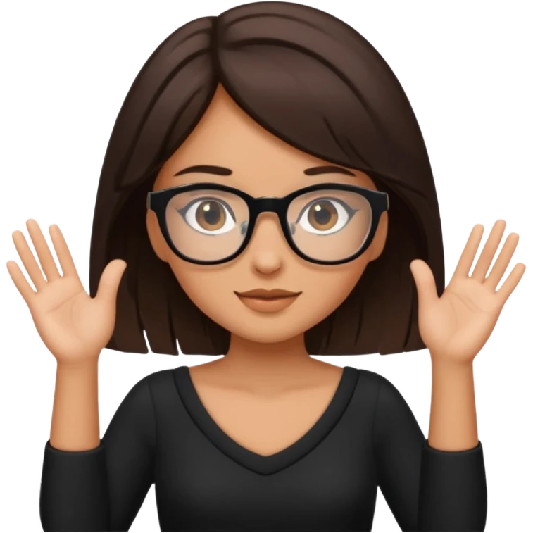 a cute brunette girl in a black dress wearing glasses  with two hands  emoji
