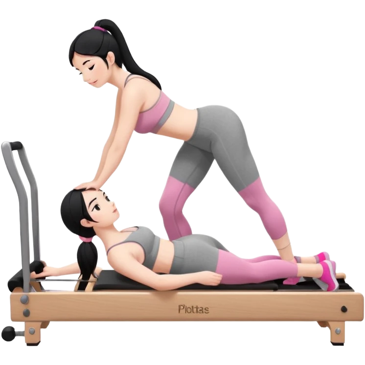 Create a Pilates emoji: a girl with fair skin and black hair, wearing a grey bra and grey leggings with pink pilates socks, on all fours on a wooden reformer. Make it look at the reformer. Make the colors neutrals. emoji